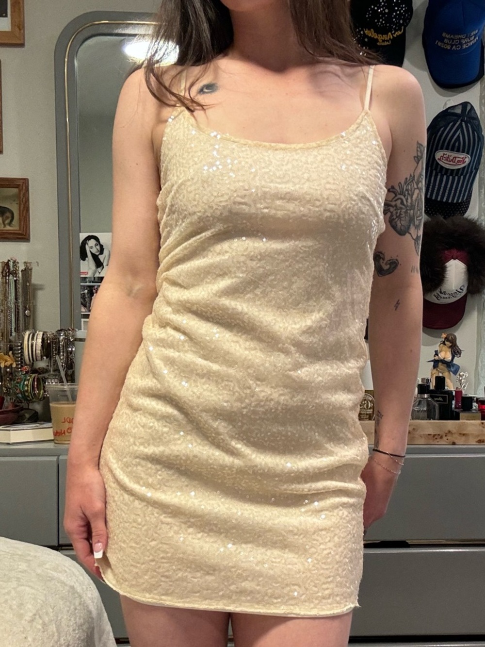 grass collection Cream Sequin Slip Mini Dress